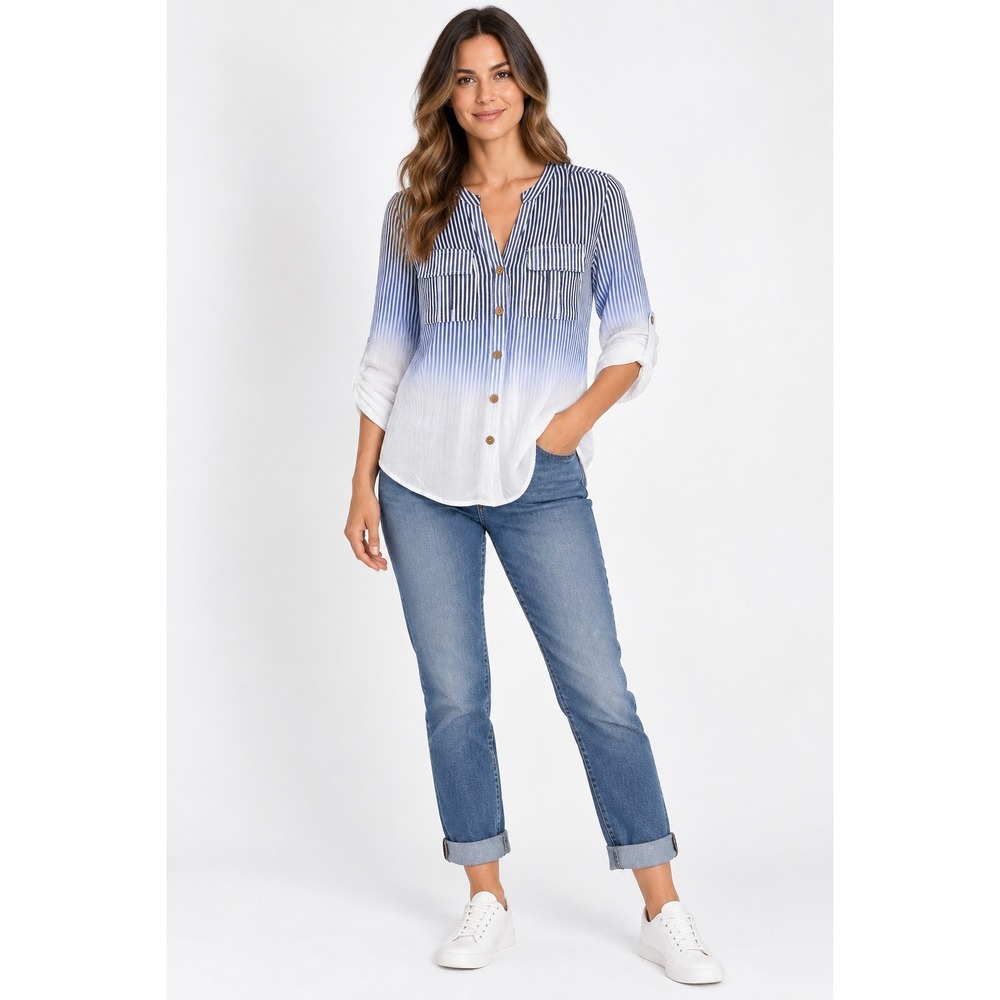 Indigo Rose Blue Ombre Striped Gauze Button Up Roll Tab Sleeve Blouse Small